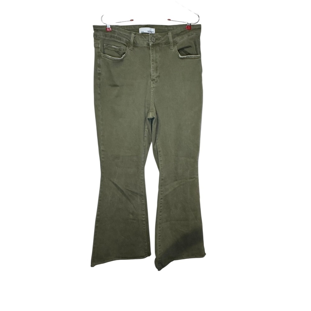 Vervet Women's Jeans Flare Leg Stretch Raw Hem High-Rise Denim Army Green Sz. 14